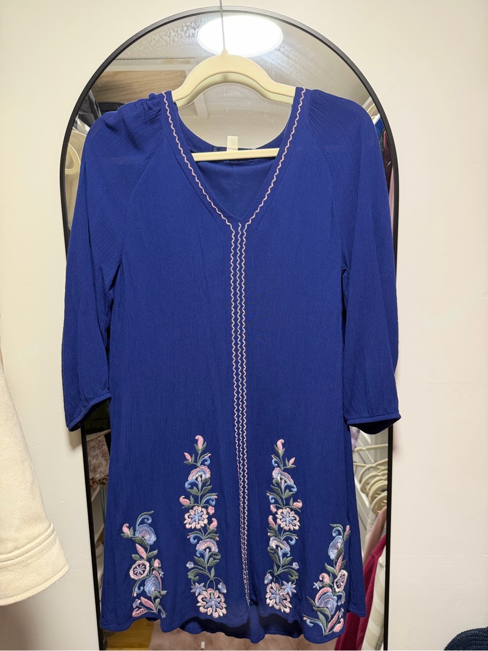 Francesca’s Blue Rain Navy Embroidered Shift Dress | 3/4 Sleeve | XS